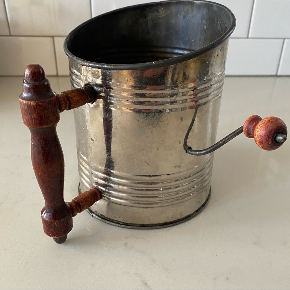 Vintage Rustic Metal Flour Sifter with Wooden Handle